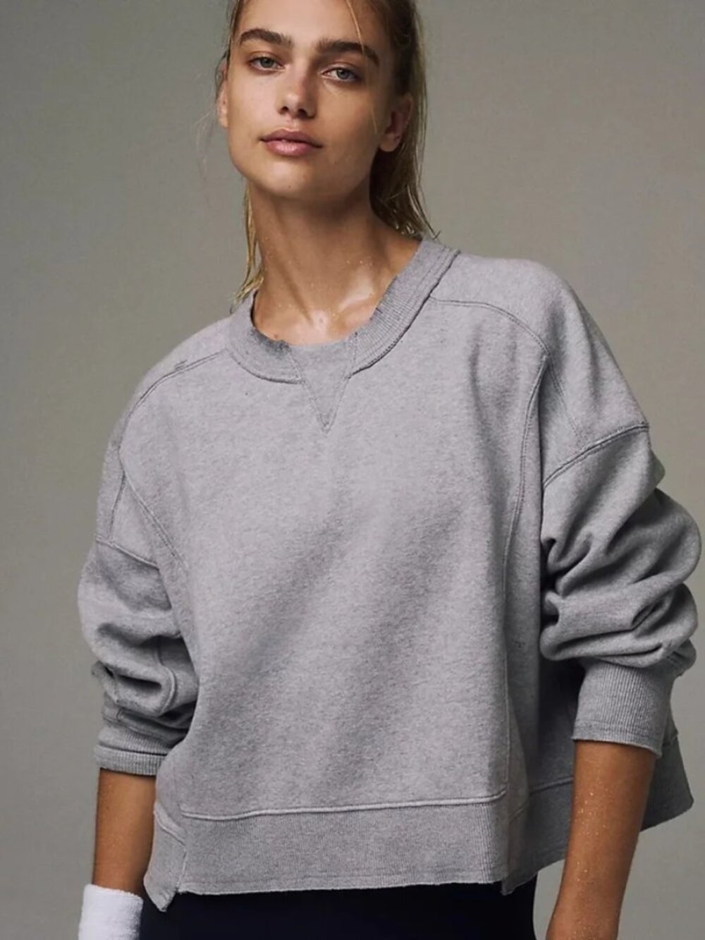 Free People Intercept Pullover Heather Gray Cropped Long Sleeve Boxy Top L